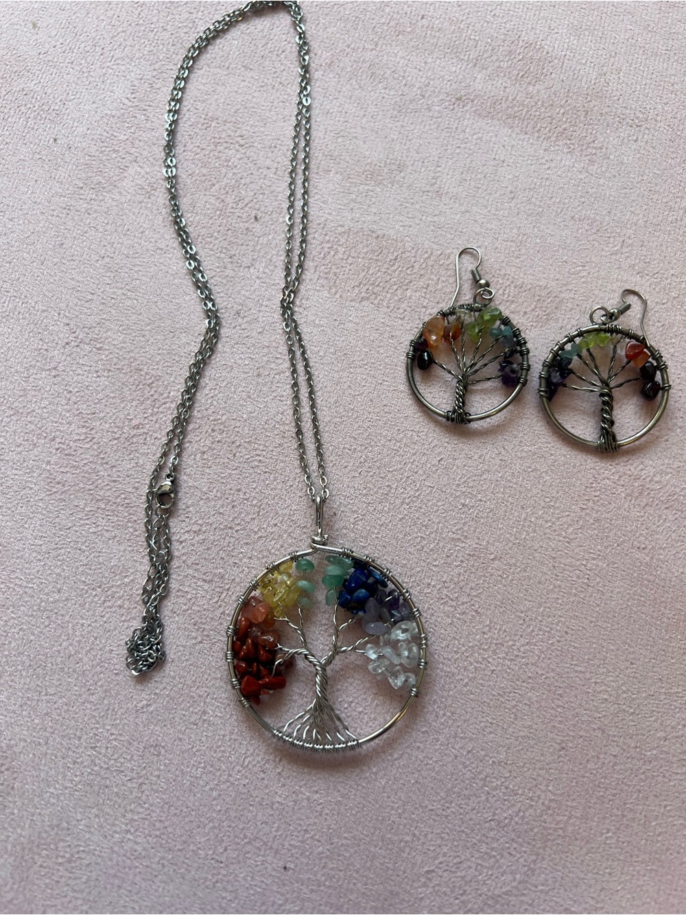Silver-tone Tree of Life Necklace and Earrings with Multicolor Gem Chips